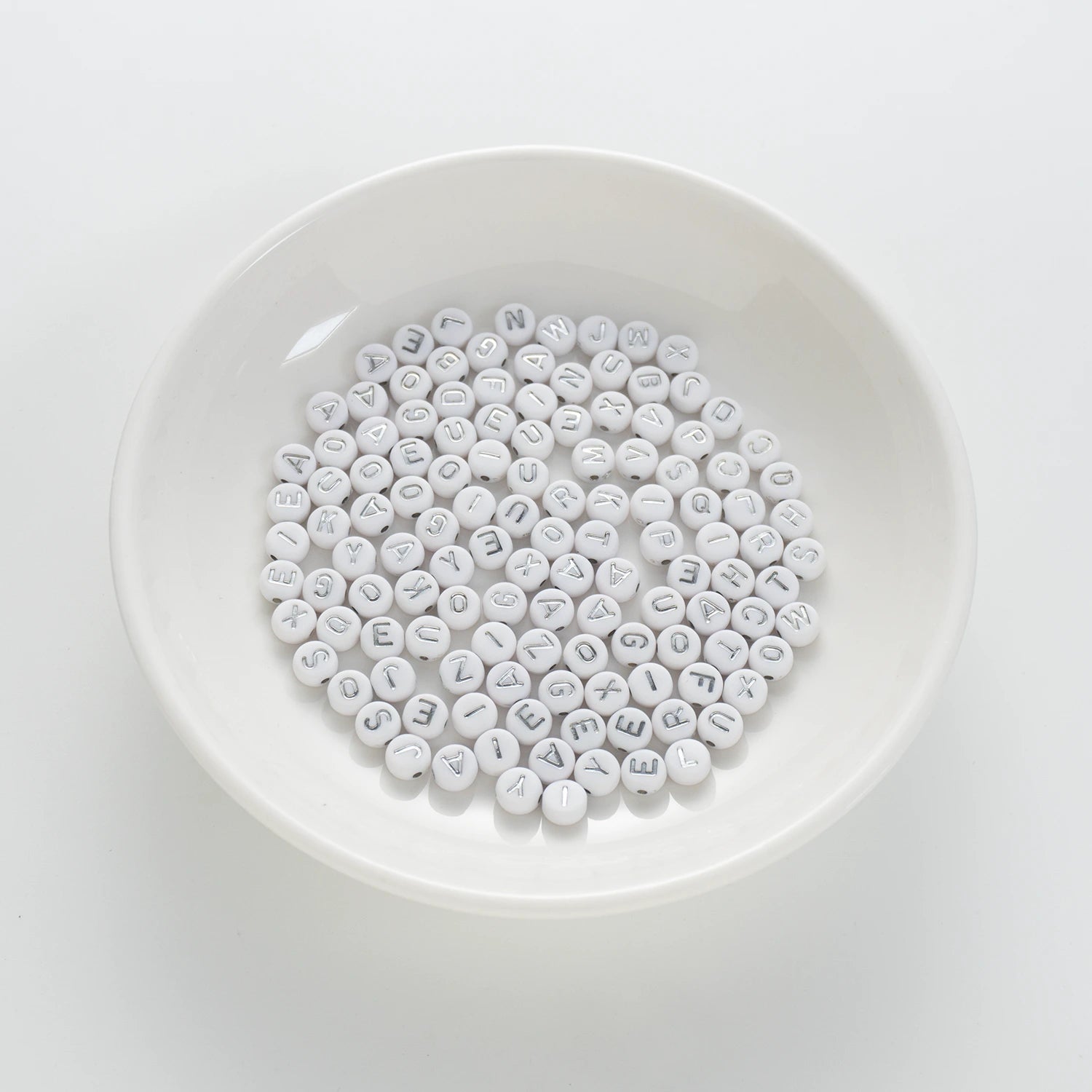 BD00111-01-silver-letter-white-opaque-coin-alphabet-beads-mix-4×7mm