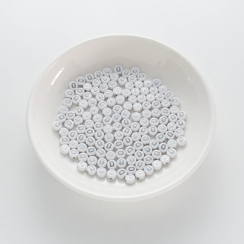 4×7mm Silver Letter White Opaque Coin Alphabet Beads Letter D (120 Beads)