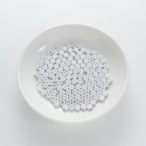 4×7mm Silver Letter White Opaque Coin Alphabet Beads Letter M (120 Beads)