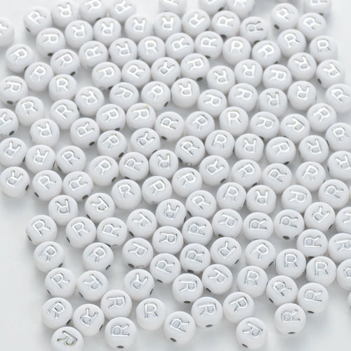 4×7mm Silver Letter White Opaque Coin Alphabet Beads Letter R (120 Beads)