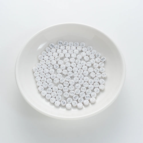4×7mm Silver Letter White Opaque Coin Alphabet Beads Letter S (120 Beads)