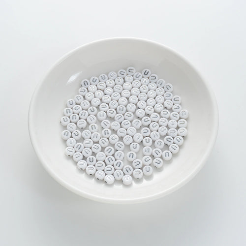 4×7mm Silver Letter White Opaque Coin Alphabet Beads Letter U (120 Beads)