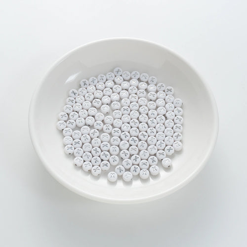 4×7mm Silver Letter White Opaque Coin Alphabet Beads Letter X (120 Beads)