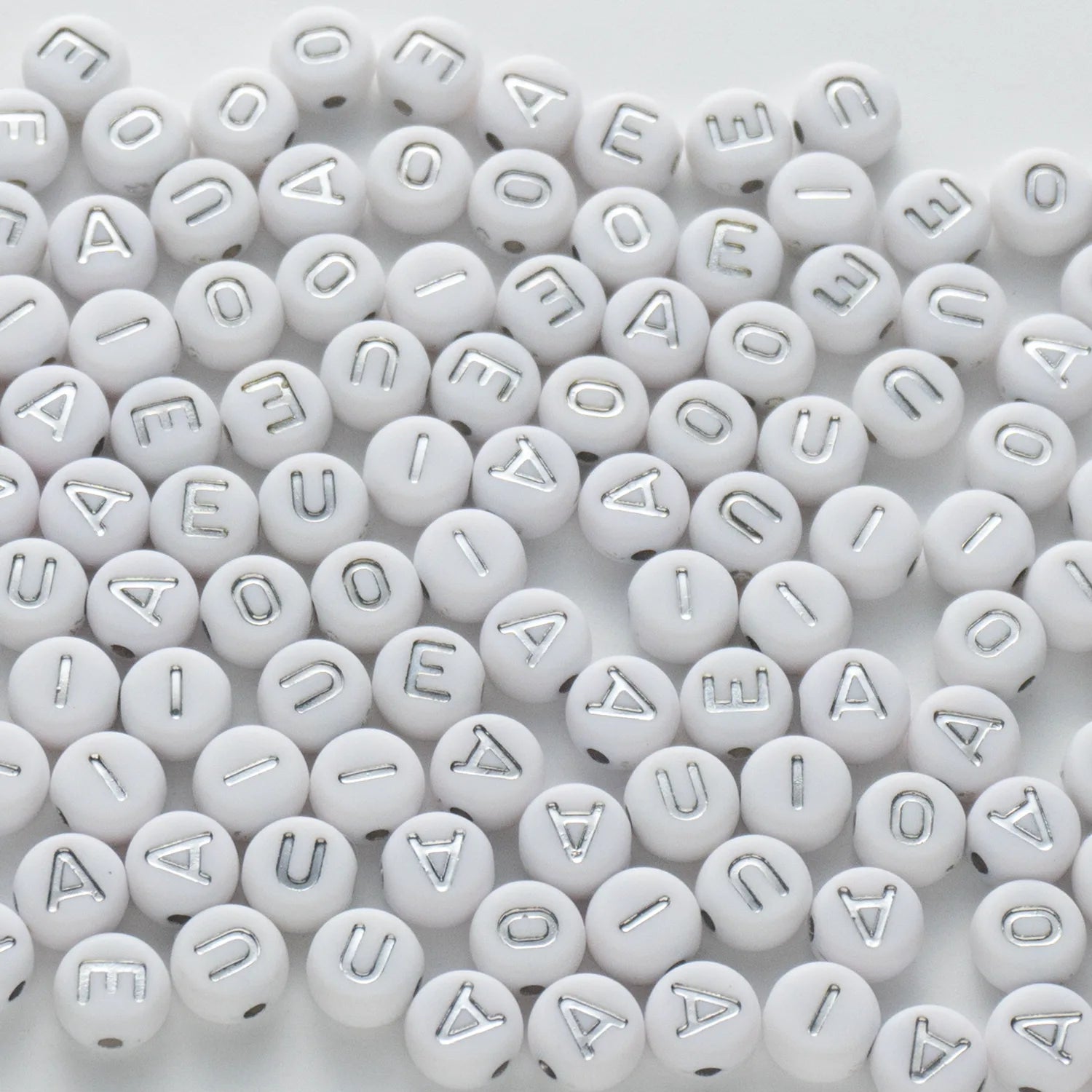 BW-00110-BD-02-silver-letter-white-opaque-coin-vowel-alphabet-beads-mix-4×7mm
